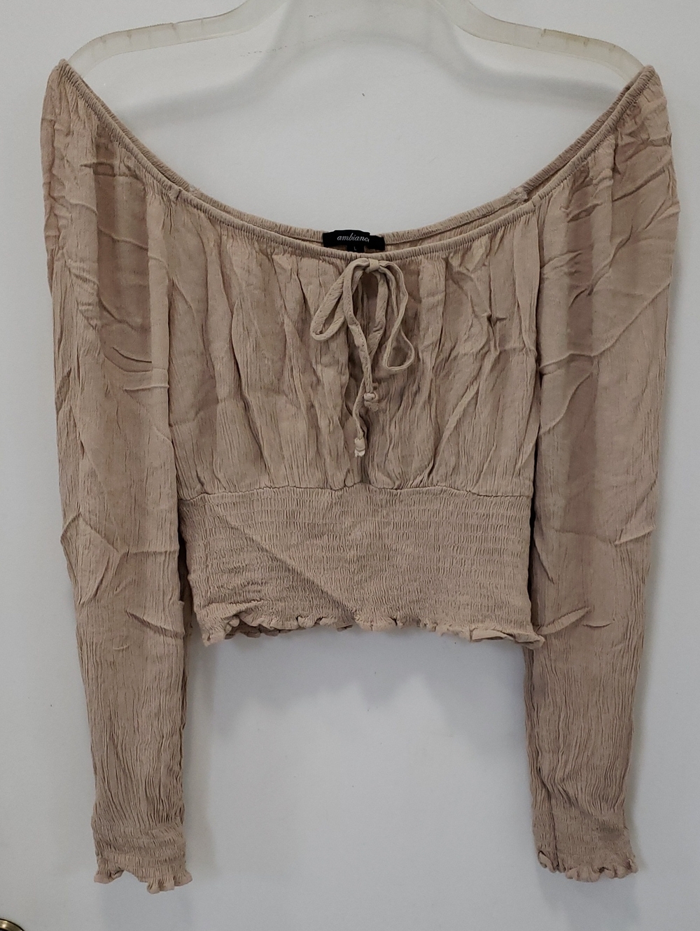 〰️Ambiance〰️ Off-Shoulder Smocked Peasant Sleeve Crop Top L